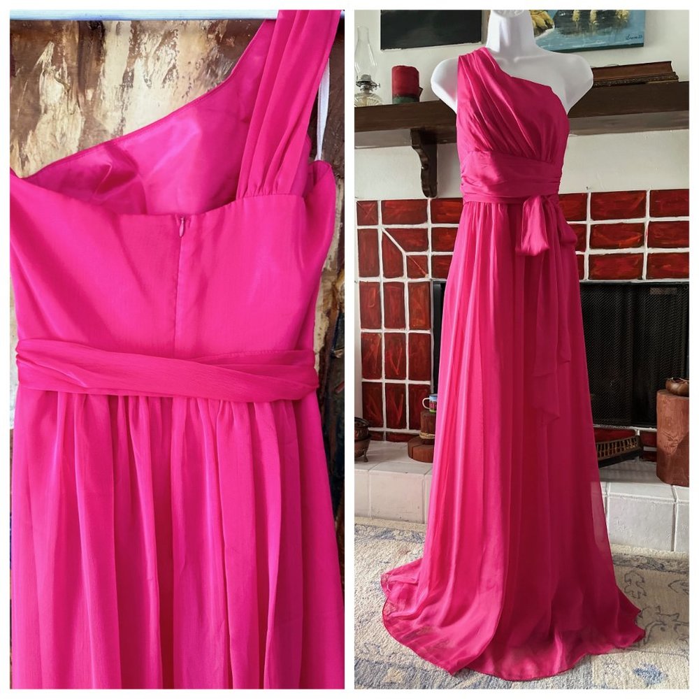 Wedding Bridesmaid Cocktail Fuchsia One Shoulder Sexy Chiffon Long Dress  S